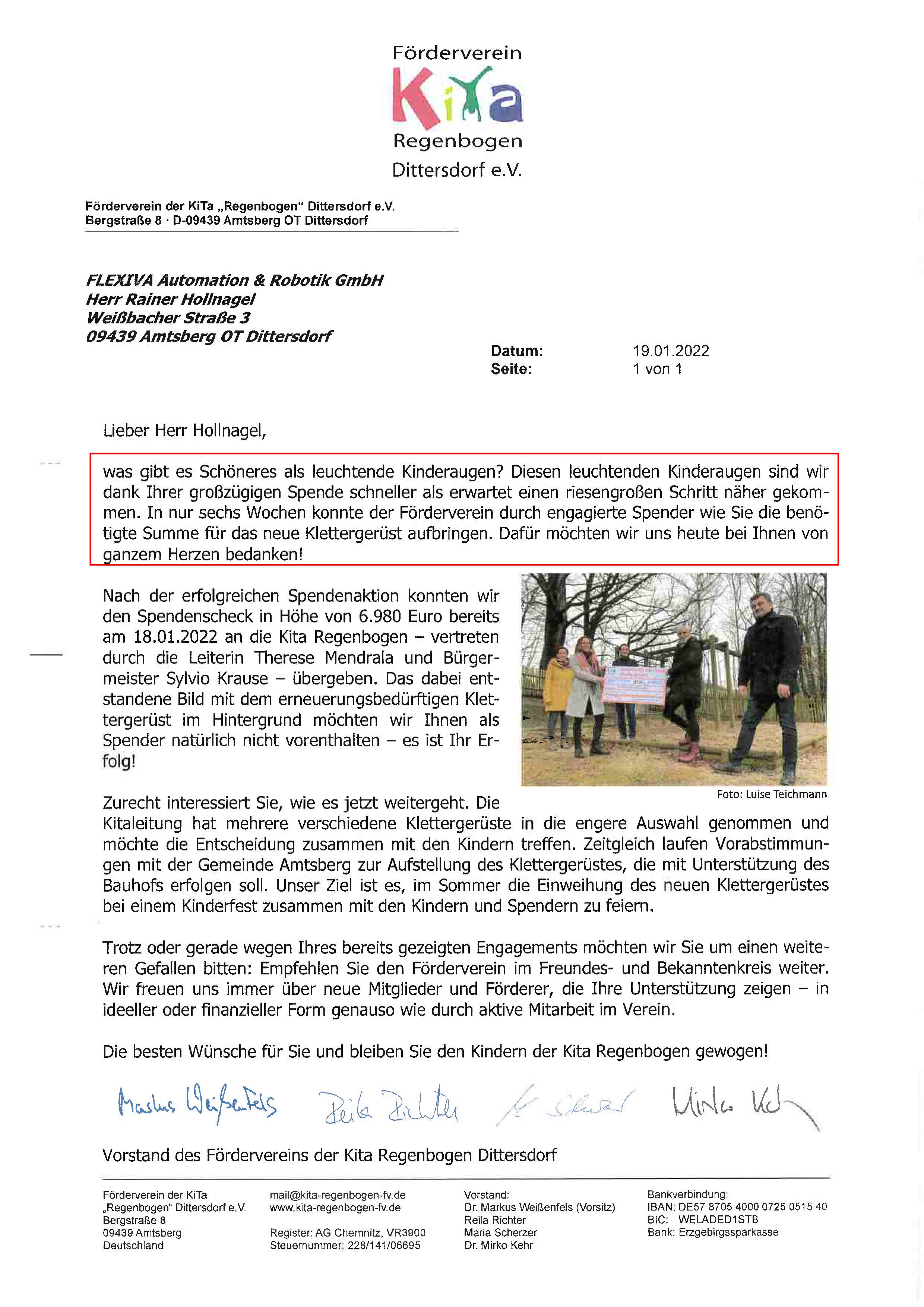 Dankes-Brief der KiTa "Regenbogen" Dittersdorf e.V. an Flexiva CEO Rainer Hollnagel für die Spende zum Bau eines neuen Klettergerüsts